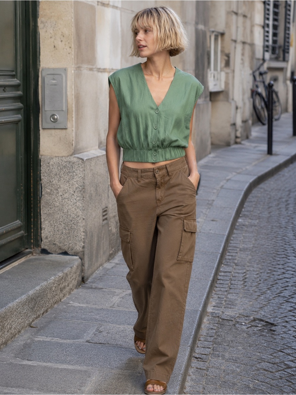 NWT | Sleeveless Green V-Neck Cropped Blouse with Elastic Hem | Size 6